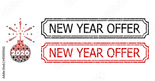 Collage 2020 fireworks detonator constructed from covid icons, and grunge New Year Offer rectangle seal stamps with notches.