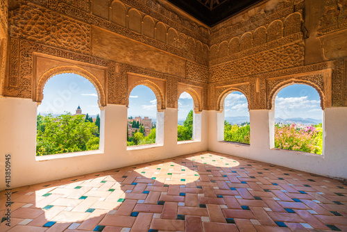 Moorish flooring and archways, Generalife, Granada, Spain photo