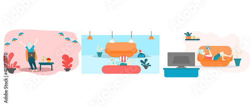 Vector banner Concept happy set, lifestyle relax. A woman lying on the phone on the sofa in the living room, a woman playing happily.  With the laptop in front of me, a girl reading on the sofa. 