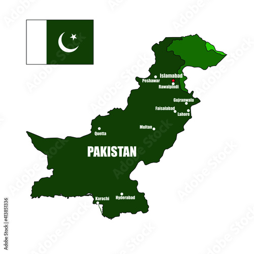 Pakistan country green flag vector map with major cities  on isolated white background and pin for travel, Asia, and geography concepts.