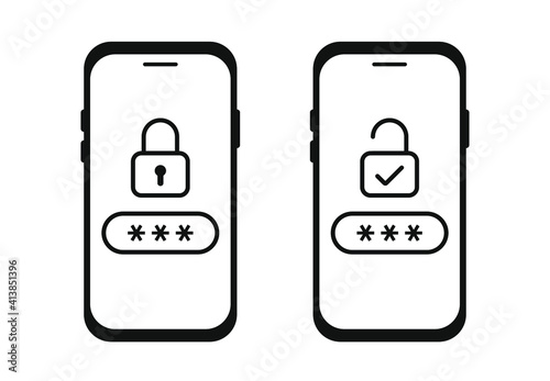 Smartphone icons with password secured. Password protected sign. Phone with enter password code, verification security authorization two step authentication.