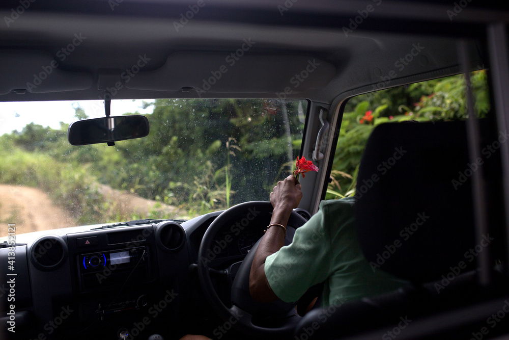 Man picks a flower from car Man picks a flower from car