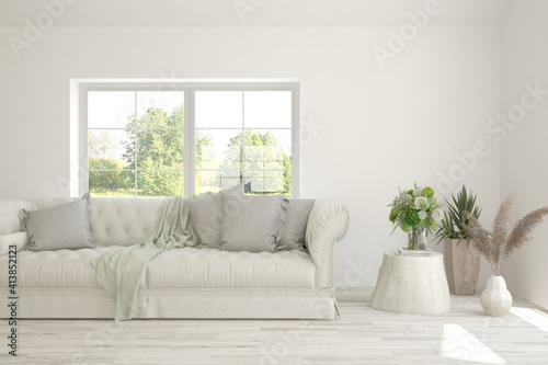 White living room with sofa and summer landscape in window. Scandinavian interior design. 3D illustration