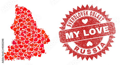 Vector mosaic Sverdlovsk Region map of love heart elements and grunge My Love badge. Mosaic geographic Sverdlovsk Region map constructed using love hearts.