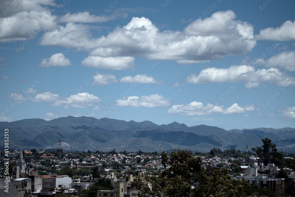 View of Cordoba City skyline with the mountains in the background, Cordoba province, Argentina.