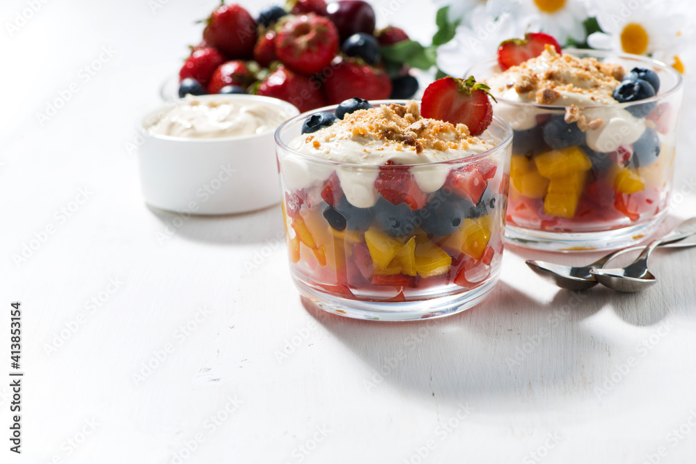 Assorted fresh fruit with custard and white background, horizontal Assorted fresh fruit with custard and white background, horizontal