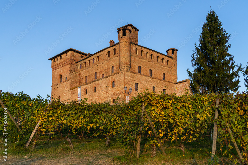 Grinzane Cavour medieval castle is one of the most visited landmarks of Langhe wine district, Piedmont, Italy