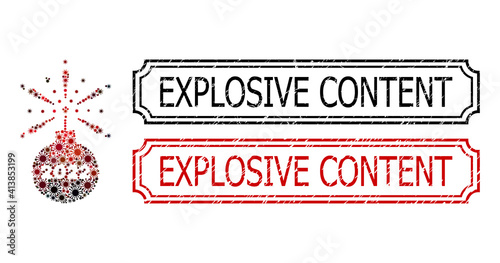 Collage 2022 fireworks detonator united from coronavirus items, and grunge Explosive Content rectangle seals with notches.