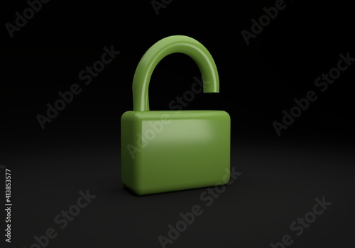 Unlock Padlock 3d green icon on clean isolated dark background. Minimalist style concept for business, finance, and corporate.