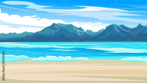 Seaside. Surf line. Sea and waves. On the horizon there is a rocky shore. Flat style illustration. Sand beach. Vector