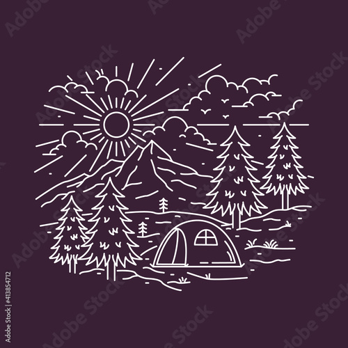 Camping nature adventure wild line badge patch pin graphic illustration vector art t-shirt design