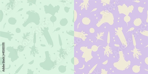 Vegetables. Seamless vector patterns. Food illustrations: celery, broccoli, tomatoes, beets, cucumbers, carrots, onions, cabaret, lemon, parsley, dill, ginger, garlic, arugula. Backgrounds