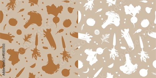 Vegetables. Seamless vector patterns. Food illustrations: celery, broccoli, tomatoes, beets, cucumbers, carrots, onions, cabaret, lemon, parsley, dill, ginger, garlic, arugula. Backgrounds
