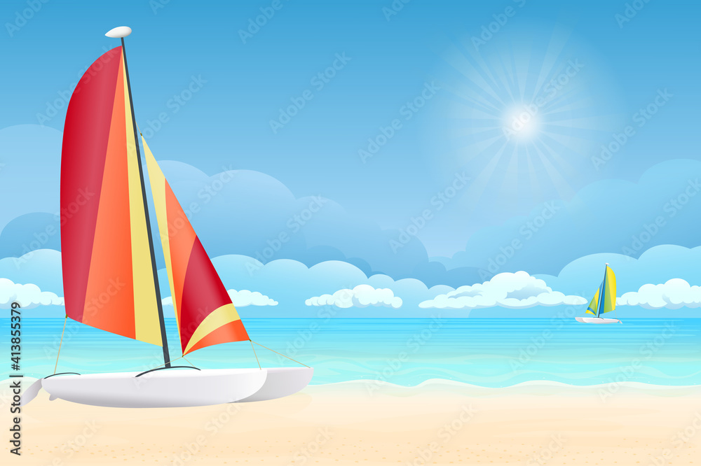 Vector illustration - surfing man on a beach. Sand, ocean on background. Banner, site, poster template with place for your text.