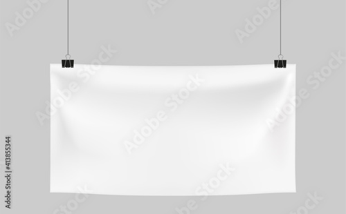 Empty rectangular Banner hanging on binder clips and ropes. Mockup. Vector 3d realistic. Horizontal wrinkled Poster template for Design and Advertising. Awning, Poster, Textiles, PVC, Vinyl, Nylon ect