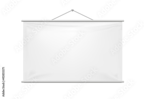 Empty Projection screen mockup. Vector 3d realistic. White template hanging on a rope. Rectangular vertical blank with copy-space for branding advertising, conferences, shows. EPS10.
