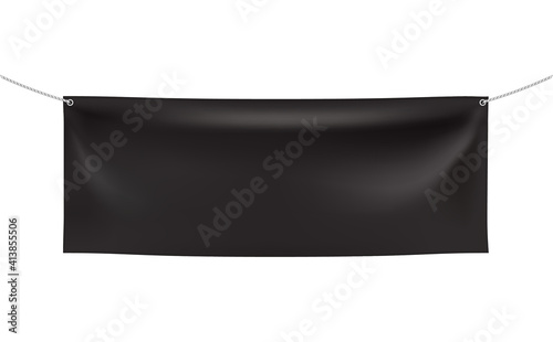 Black rectangular Horizontal Banner with 2 holes and ropes. 3d Vector realistic. Textile flag with folds. Blank Template for Design and Advertising. Awning, Poster, Textiles, PVC, Vinyl, Nylon ect.