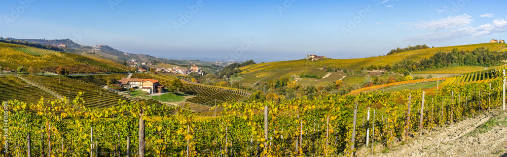 Wide panoramic view of Langhe vineyards near Barolo, UNESCO World Heritage Site, Piedmont region, Italy
