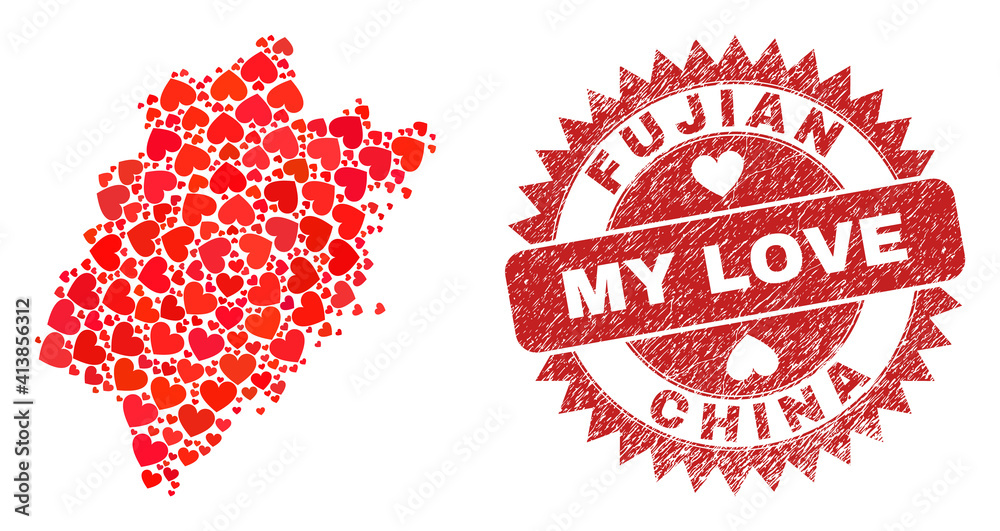 Vector collage Fujian Province map of lovely heart elements and grunge My Love seal. Collage geographic Fujian Province map designed with lovely hearts. Vector collage Fujian Province map of lovely heart elements and grunge My Love seal. Collage geographic Fujian Province map designed with lovely hearts.