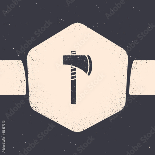 Grunge Native american tomahawk axe icon isolated on grey background. Monochrome vintage drawing. Vector.