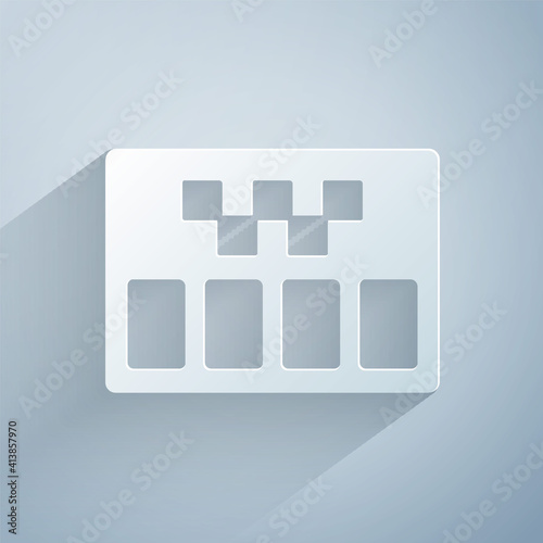 Paper cut Taximeter device icon isolated on grey background. Measurement appliance for passenger fare in taxi car. Paper art style. Vector.