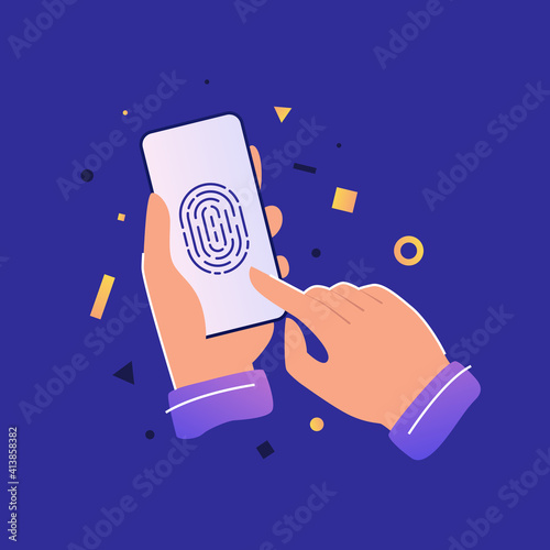 Access to personal information on the phone by fingerprint. Hands hold smartphone vector illustration. Private data is closed from public use. Personal data protection rules in mobile applications.