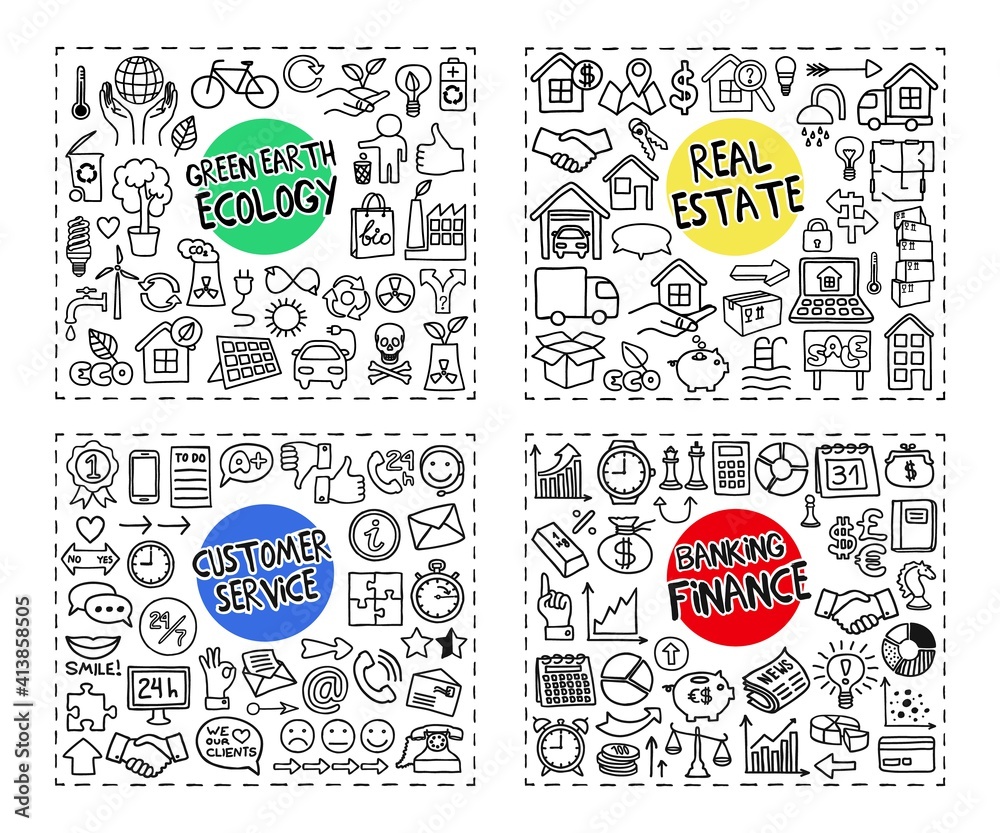 Finance and Banking, Customer Service, Real Estate and Ecology doodle icons set