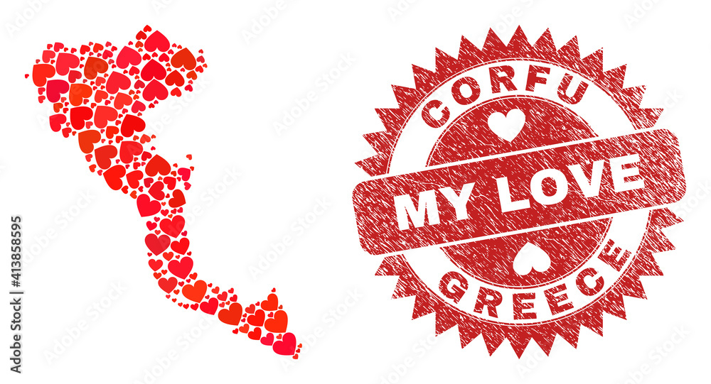 Vector mosaic Corfu Island map of valentine heart elements and grunge My Love seal stamp. Collage geographic Corfu Island map constructed using love hearts. Vector mosaic Corfu Island map of valentine heart elements and grunge My Love seal stamp. Collage geographic Corfu Island map constructed using love hearts.