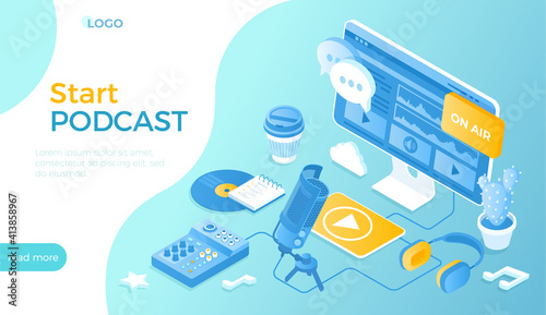 Online podcast, Blog or Radio Show. Record an audio podcast. Podcasting equipment and APP - studio microphone on a stand, headphones, mixer. Isometric vector illustration for website.