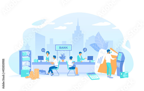 Bank office interior, finance managers and clients. Man with a credit card near an ATM. Banking Financial services. Money exchange, transfer, payment, accounts operation Vector illustration flat style © vectorhot