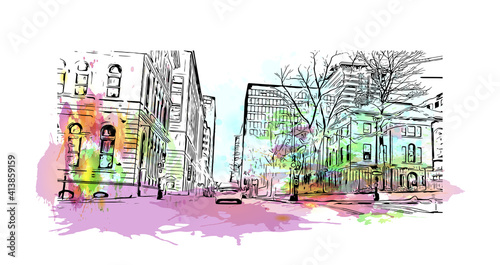 Building view with landmark of Halifax is the
city in Canada. Watercolour splash with hand drawn sketch illustration in vector.