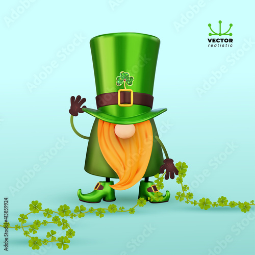 St. Patrick's Day Irish gnome with clover for good luck. Realistic vector Leprechauns illustration for cards, banner, decor, invitation to the pub. Isolated on white background.