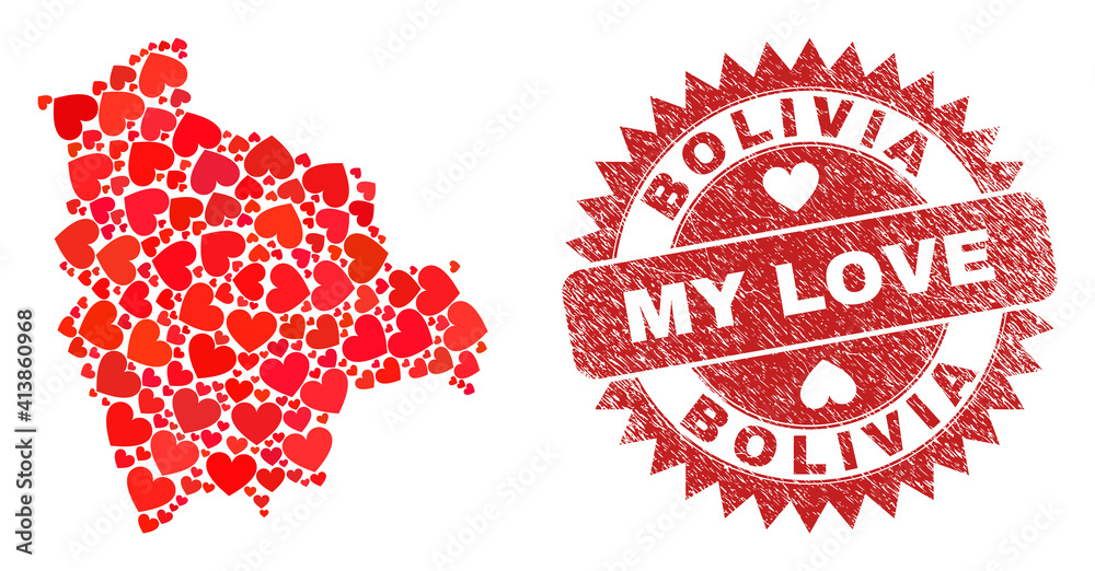 Vector mosaic Bolivia map of love heart elements and grunge My Love seal stamp. Mosaic geographic Bolivia map created with love hearts. Red rosette seal with unclean rubber texture and my love text.