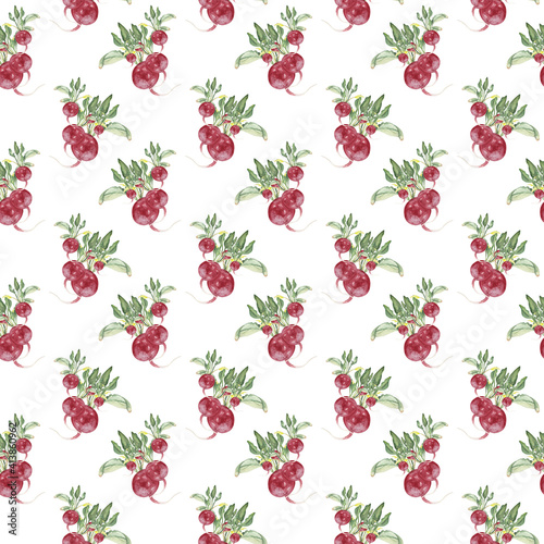 Watercolor seamless pattern with colorful radish Realistic hand drawn watercolor illustration on white background Great as fabric, textile or paper design. Scrapbooking digital paper
