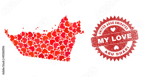 Vector collage Abu Dhabi Emirate map of love heart elements and grunge My Love stamp. Collage geographic Abu Dhabi Emirate map created using love hearts.
