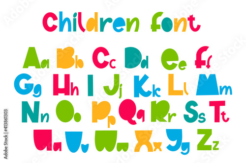 Children font in the cartoon style. Colorful typography. Vector alphabet.