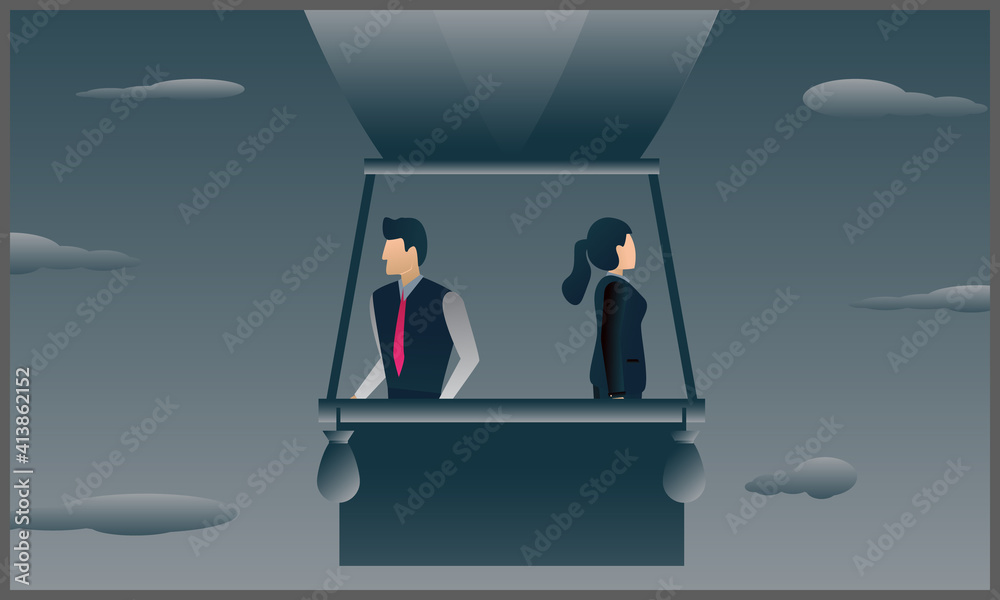 Obraz premium vector illustration of business man and woman riding a hot air balloon flying in the sky