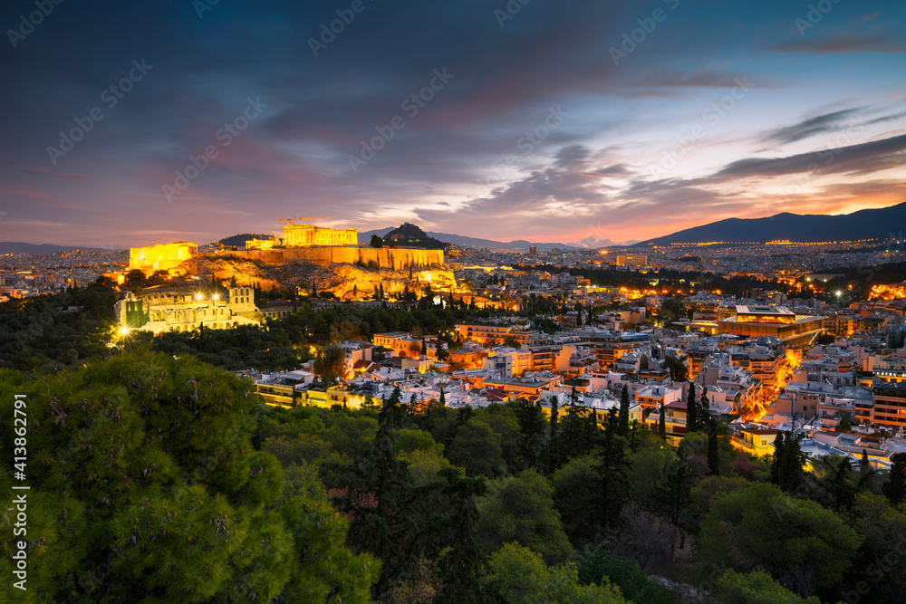 View of Athens from Filopappou hill at sunrise, Greece. View of Athens from Filopappou hill at sunrise, Greece.