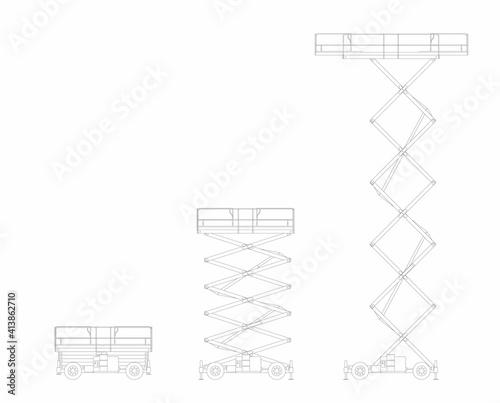 Set of vector sketches of lifting platform scissors isolated on white background.