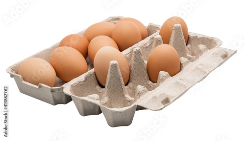 Eggs in egg carton top side view isolated photo