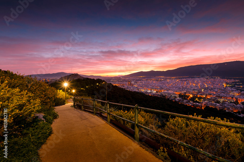 View of northern Athens and Hymettus mountain from Lycabettus hill. photo