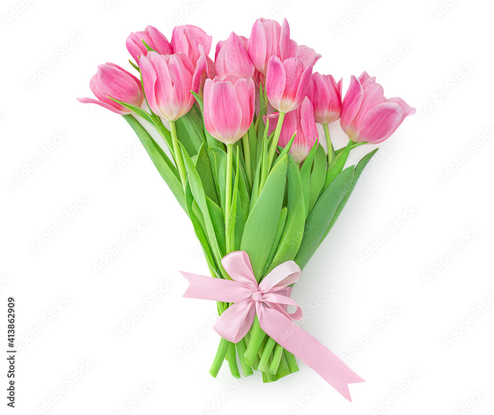 Pink tulips isolated on white background. Spring tulip flowers bouquet with a bow Pink tulips isolated on white background. Spring tulip flowers bouquet with a bow