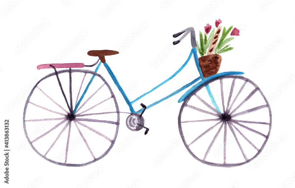 Watercolor illustration bycicle with flowers