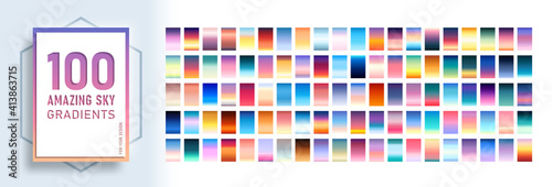100 amazing sky gradients background set. Templates of texture for banner, poster, flyer, presentation, mobile apps and smartphone screen design. Sunset and sunrise Themes