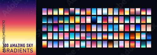 100 amazing sky gradients background set. Templates of texture for banner, poster, flyer, presentation, mobile apps and smartphone screen design. Sunset and sunrise Themes