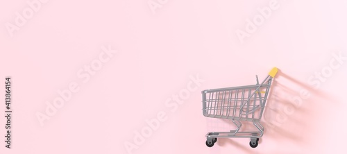 Shopping cart on a pastel pink background. Sale buy shopping mall market store. Shopping Trolley. Minimalist concept, isolated cart. 3d render