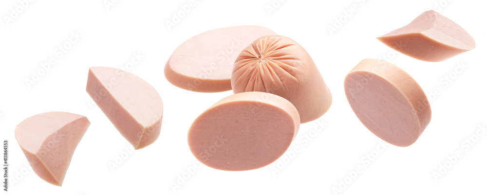 Boiled sausage slices isolated on white background Boiled sausage slices isolated on white background