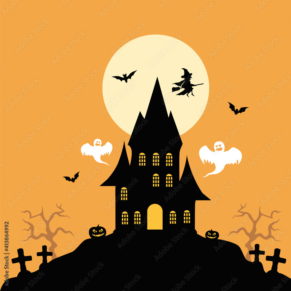 Haunted castle and bats. Halloween.