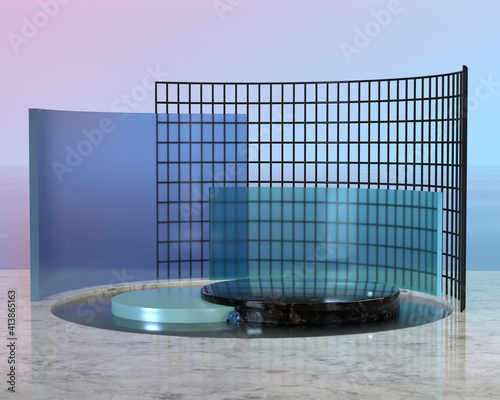 3d render round podium on water with glass wall. Minimal mockup for product display banner. Modern geometric background with empty space.