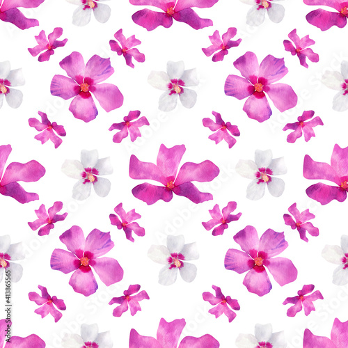 Seamless watercolor pattern with pink and white flowers for textile, decor, souvenirs design